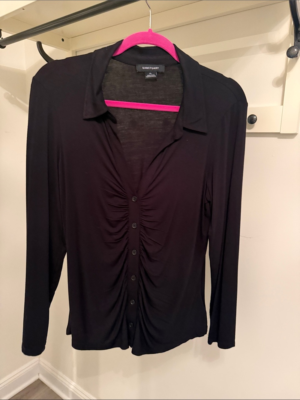 Sanctuary Black Ruched Button-Front Long Sleeve Shirt